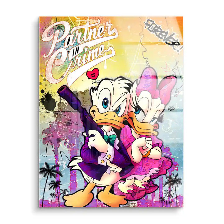 Pop Art Wandbild mit Comic-Ente-Paar, Palmen und Graffiti-Stil, trendige Acrylglas-Kunst