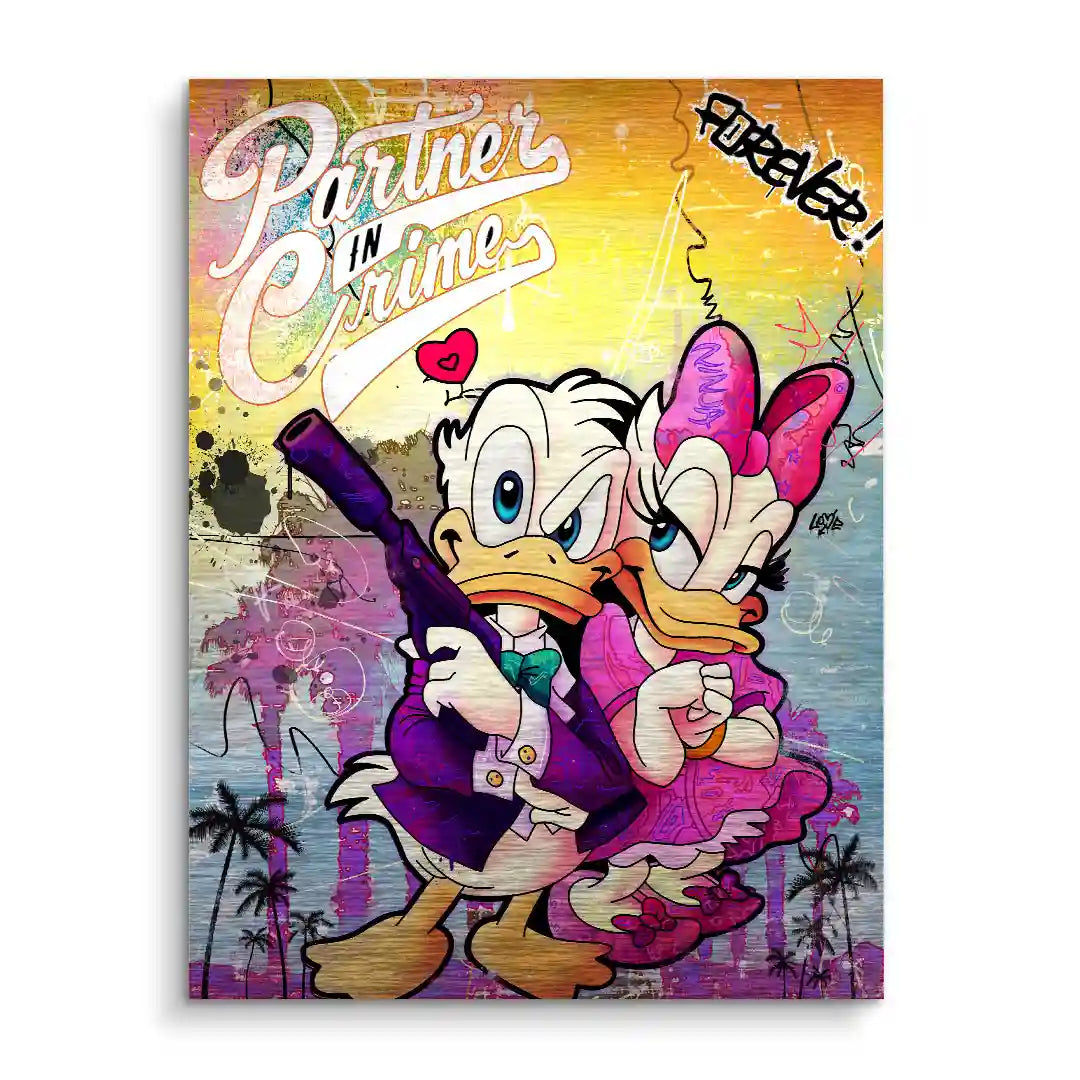 Comic Wandbild mit zwei Enten im Gangster-Stil, Palmen und Graffiti, bunte Pop Art