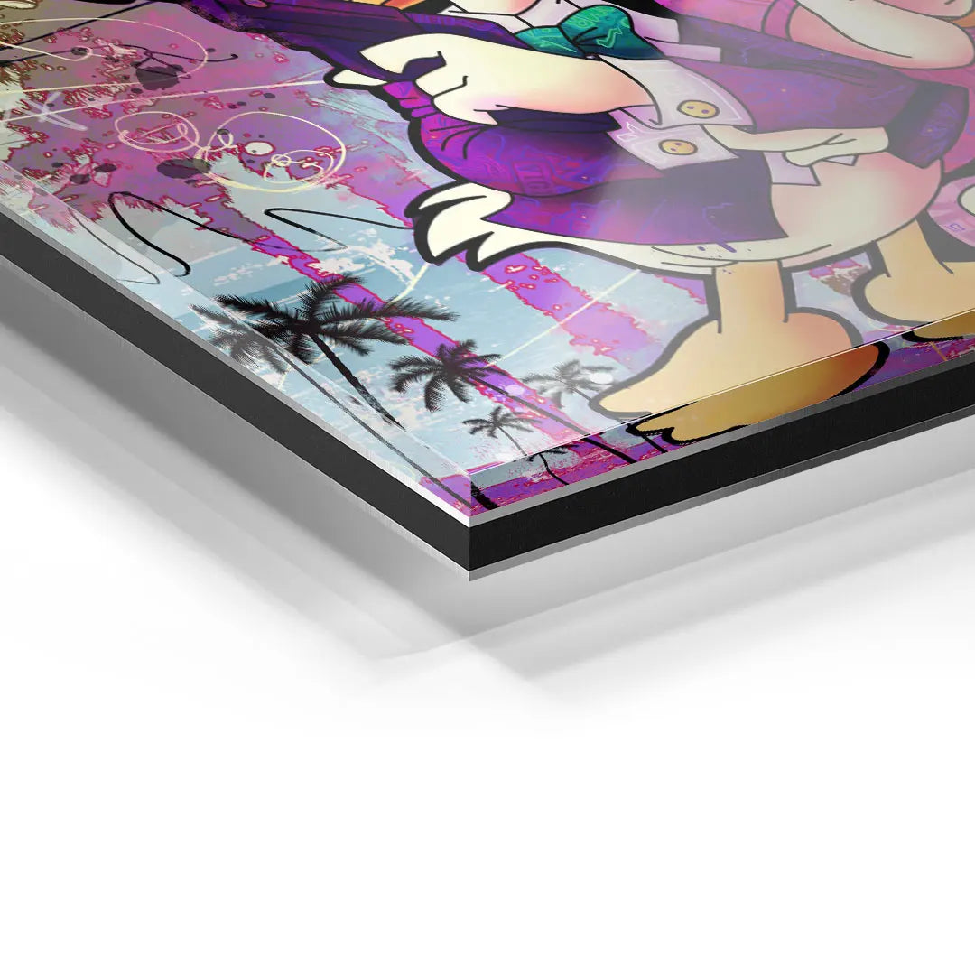 Detailaufnahme Acrylglas-Wandbild mit Comic-Enten, Palmen und poppigen Farben