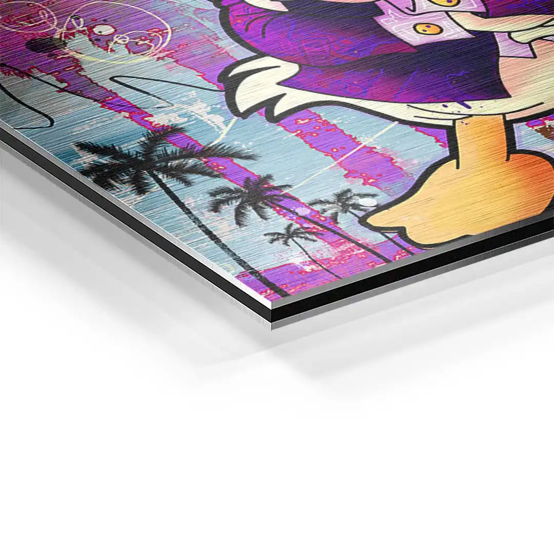 Detail eines bunten Wandbilds mit Comic-Ente, Palmen und lila Hintergrund
