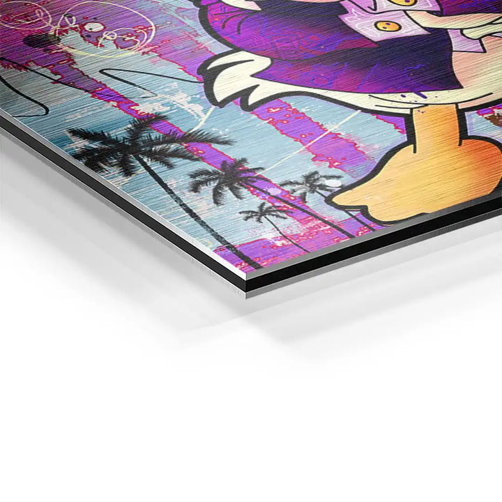 Detail eines bunten Wandbilds mit Comic-Ente, Palmen und lila Hintergrund