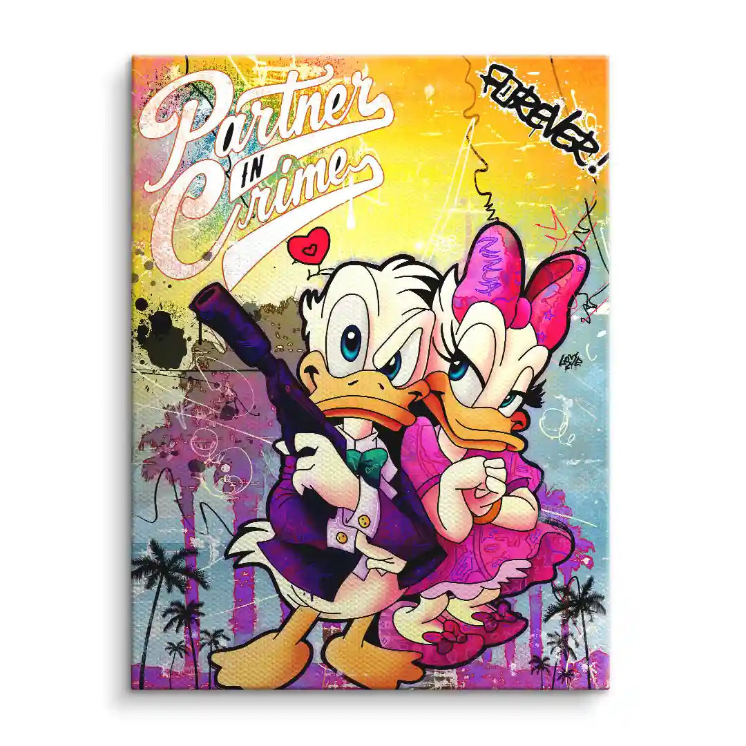 Comic-Wandbild mit Entepaar im Gangster-Look, Palmen, bunte Graffiti-Optik, Pop Art