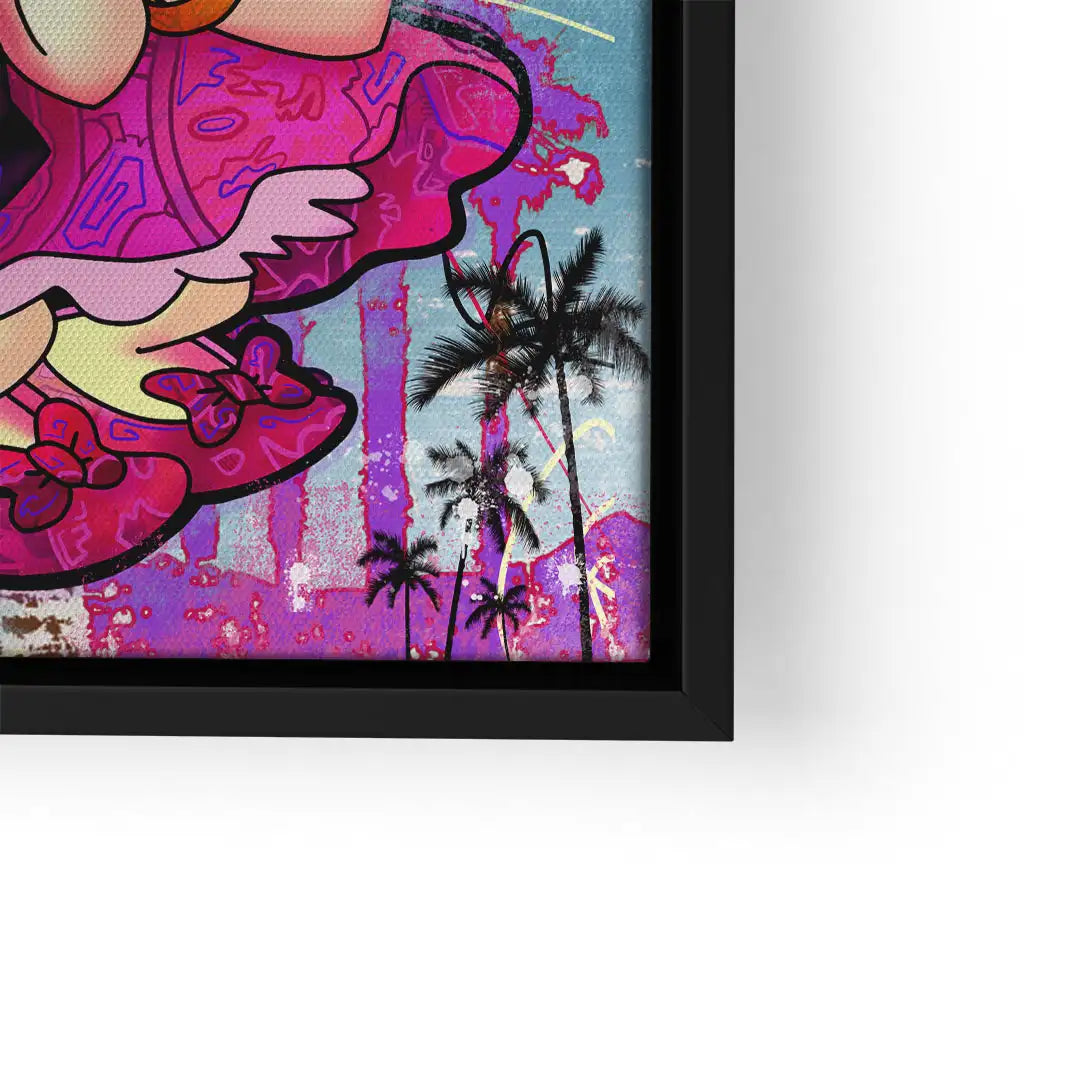 Pop Art Wandbild mit Comic-Figur und Palmen, bunte Farben, Kunstdruck im schwarzen Rahmen