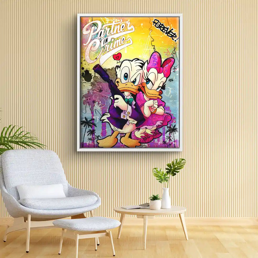Modernes Wandbild mit Comic-Entenpaar im Gangster-Look, Palmen und Graffiti-Stil