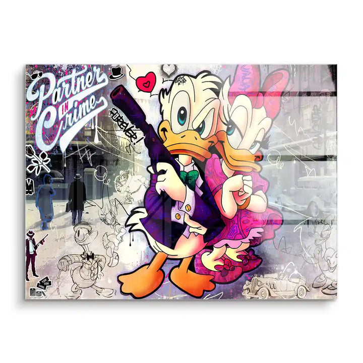 Comic Wandbild mit Donald und Daisy Duck im Retro-Gangsterstil, moderne Pop Art auf Acrylglas