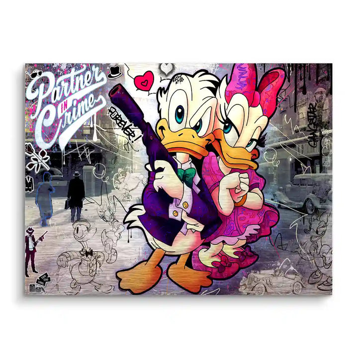 Pop Art Wandbild mit zwei Enten im Retro-Gangster-Look auf urbanem Graffiti-Hintergrund