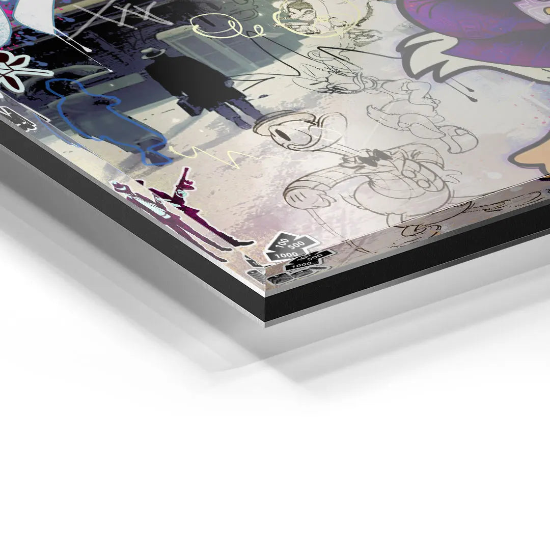 Detailaufnahme Wandbild Retro-Collage mit Comicfiguren, urbaner Kunststil, Acrylglas