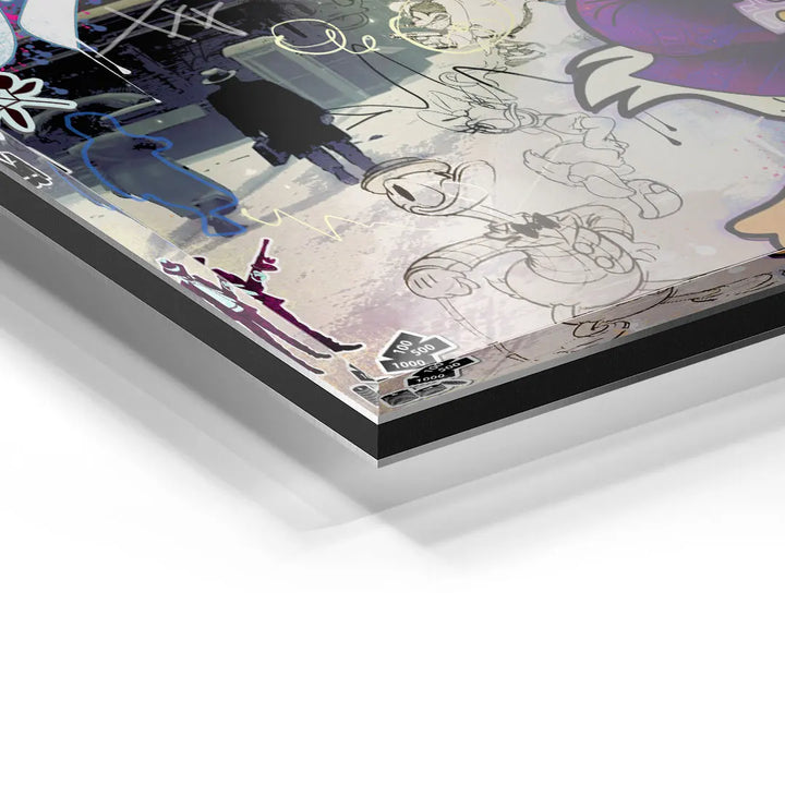 Detailaufnahme Wandbild Retro-Collage mit Comicfiguren, urbaner Kunststil, Acrylglas