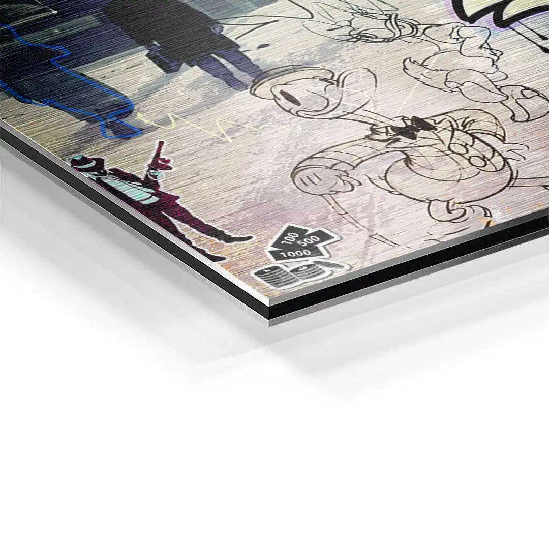 Detailansicht eines Wandbilds mit retro Comic-Figuren im Streetart-Stil auf Aluminium