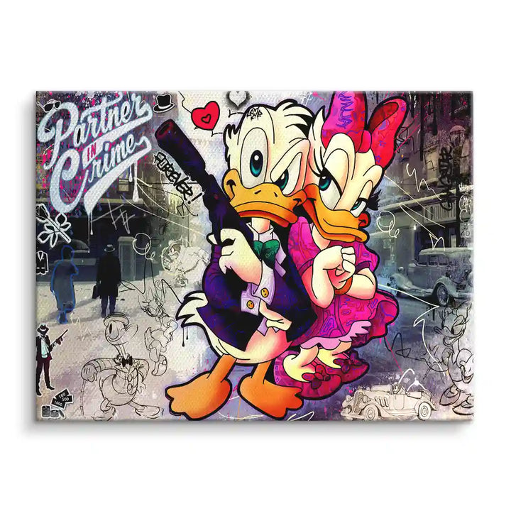 Comic-Paar im Retro-Crime-Style auf bunter Leinwand, Pop Art Wandbild mit Graffiti-Elementen
