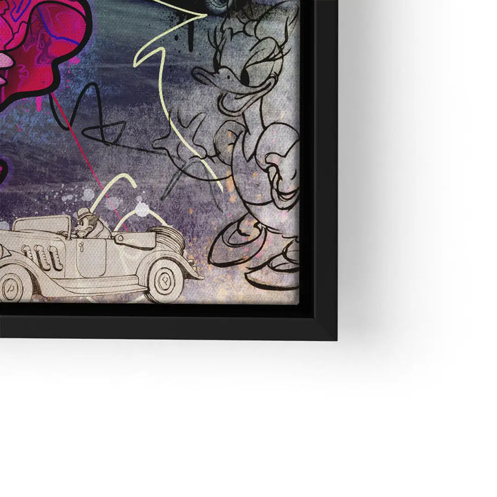 Pop Art Wandbild mit Retro-Auto, Donald- und Daisy-Duck-Zeichnungen, moderner Graffiti-Stil