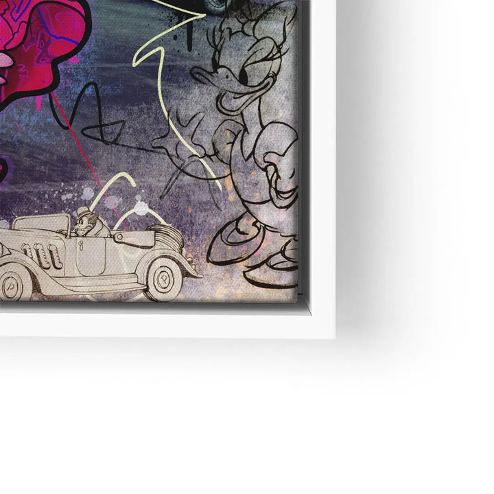 Pop Art Wandbild im Retro-Stil mit Comic-Enten und Oldtimer, kreative Street Art