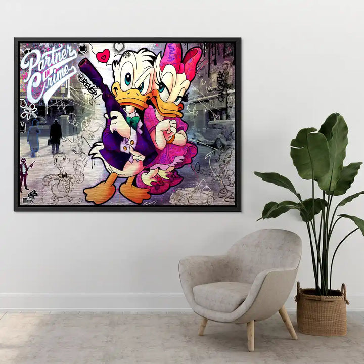 Pop Art Wandbild mit stilisierten Entenfiguren im Retro-Look, Graffiti-Hintergrund, Comic-Kunst