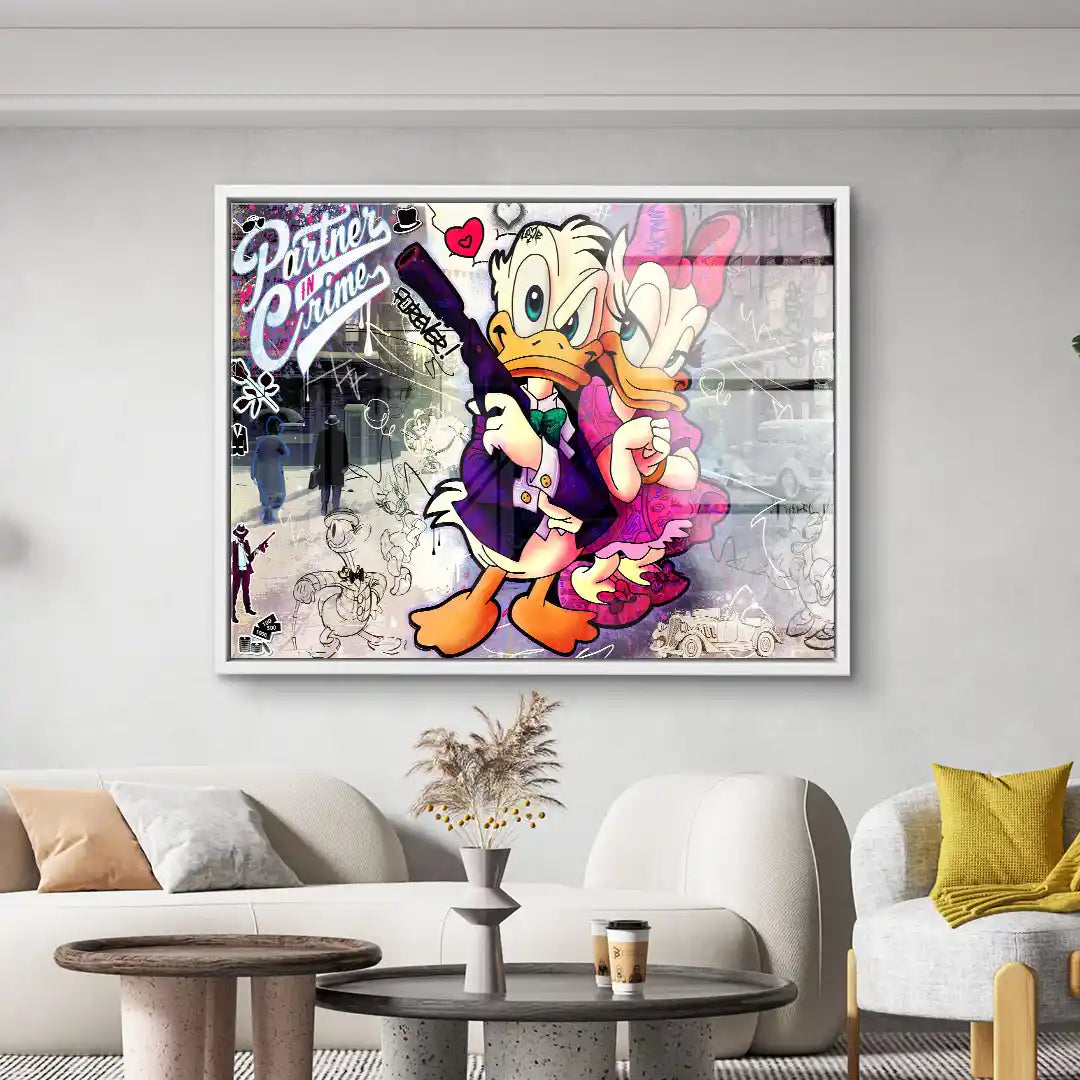 Wandbild mit Cartoon-Entenpaar im Retro-Comicstil, moderner Kunst-Look, Wohnzimmerdeko