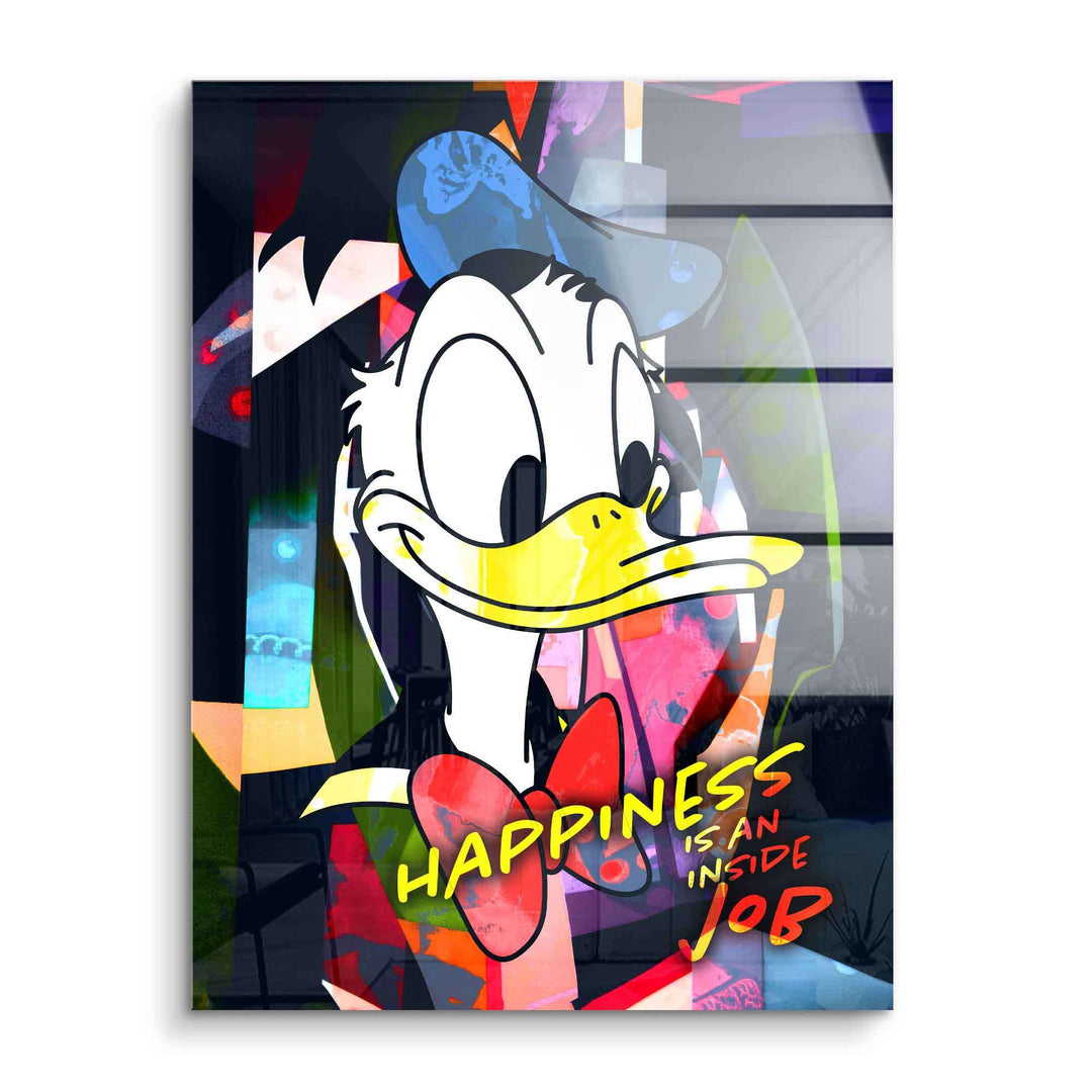 Buntes Acrylglas-Wandbild mit Comic-Ente, Pop Art Stil, Schriftzug: Happiness is an inside job