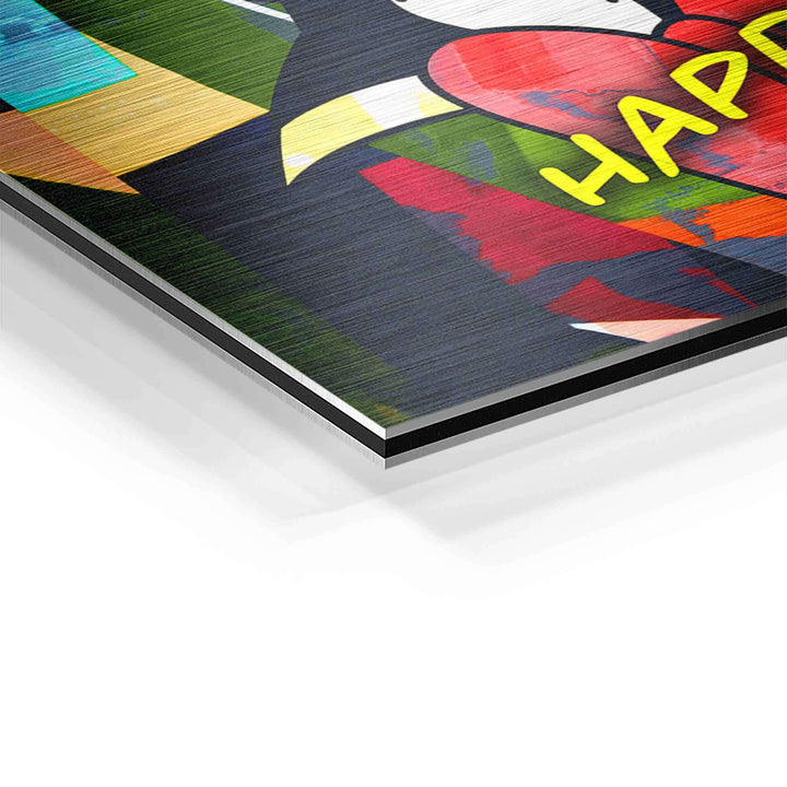 Detailansicht Pop Art Wandbild, bunte Donald Duck Illustration mit Text Happiness auf Aluminium