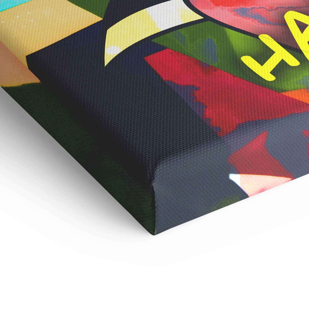 Bunte Pop Art Leinwand, Detail eines Comics mit Text "Happiness", Motiv auf Rahmen