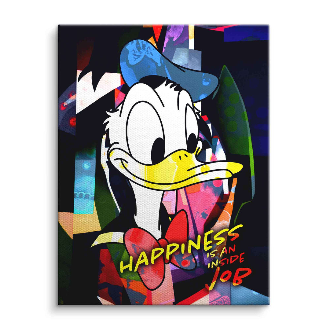 Modernes Wandbild mit Comic-Ente, bunter Pop Art und Schriftzug 'Happiness is an inside job'.