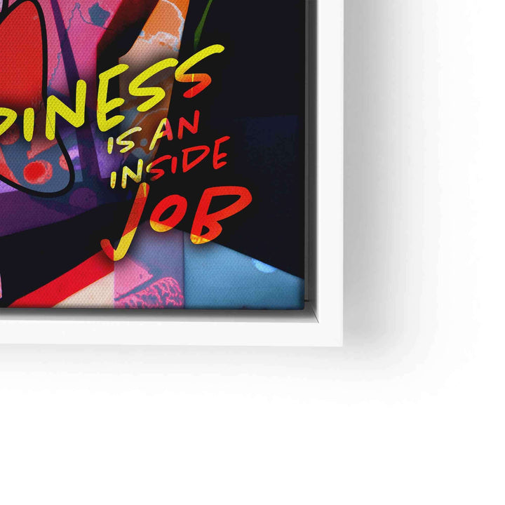 Pop Art Wandbild mit Comicfigur und Motivationsspruch 'Happiness is an inside job'