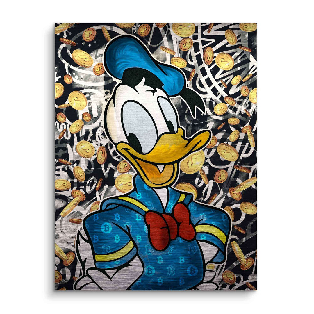 Comic-Wandbild mit Donald Duck im Bitcoin-Münzregen, Pop Art Stil, bunte Graffiti-Optik