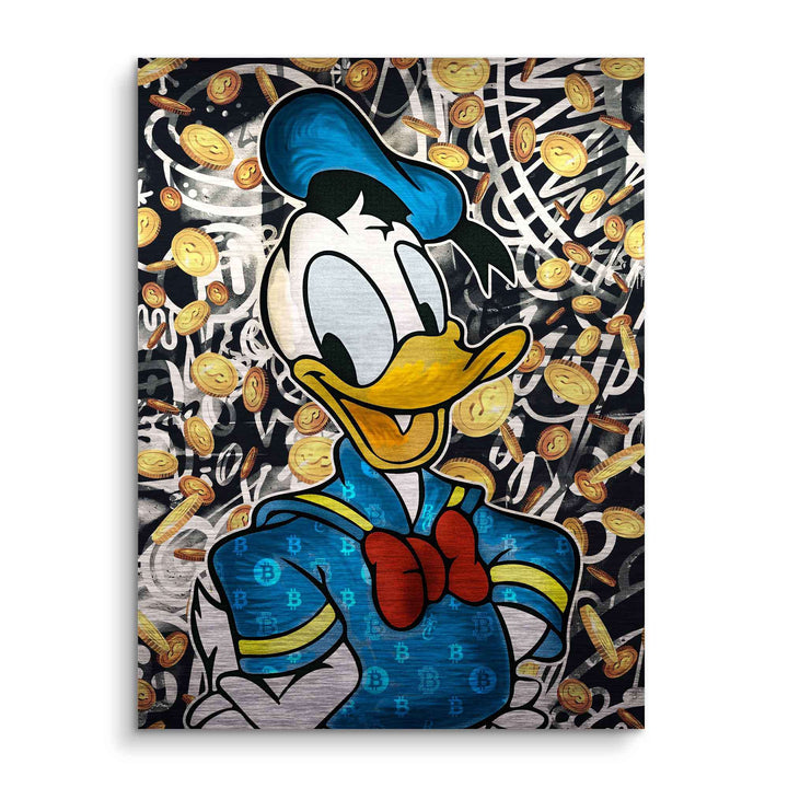 Comic-Wandbild mit Donald Duck im Bitcoin-Münzregen, Pop Art Stil, bunte Graffiti-Optik