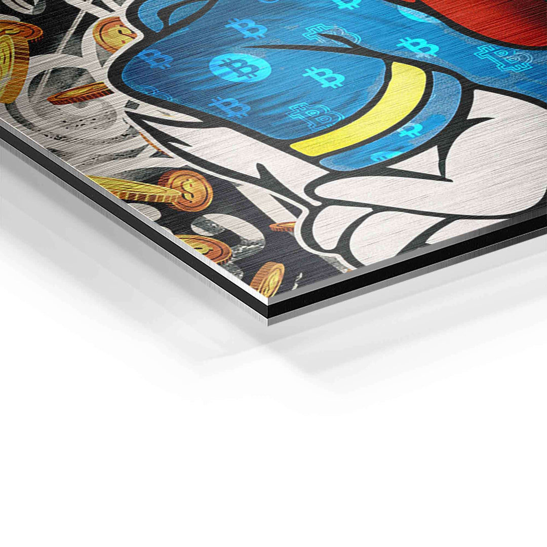 Pop Art Wandbild mit Comic-Ente, blauer Mütze und fallenden Bitcoin-Münzen auf Metall.