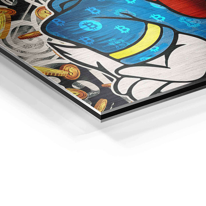 Pop Art Wandbild mit Comic-Ente, blauer Mütze und fallenden Bitcoin-Münzen auf Metall.