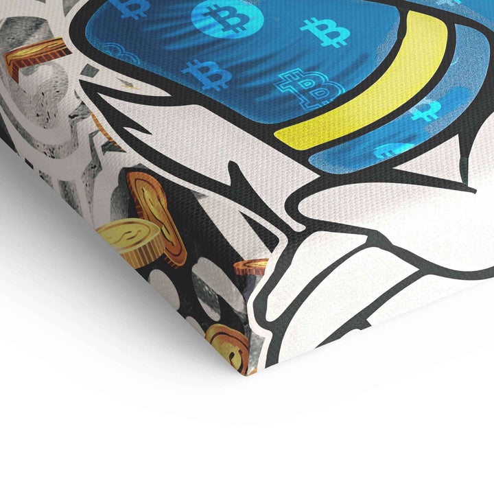Detailansicht Leinwandbild mit Comic-Ente, blauen Bitcoin-Symbolen und Goldmünzen