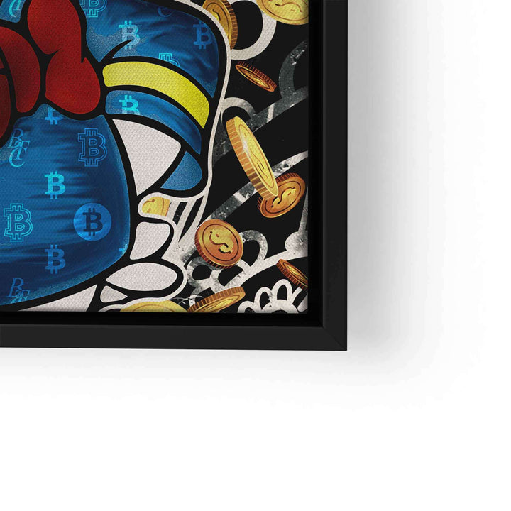 Comic-Wandbild mit Donald Duck und Bitcoin-Symbolen, goldene Münzen auf schwarzem Hintergrund