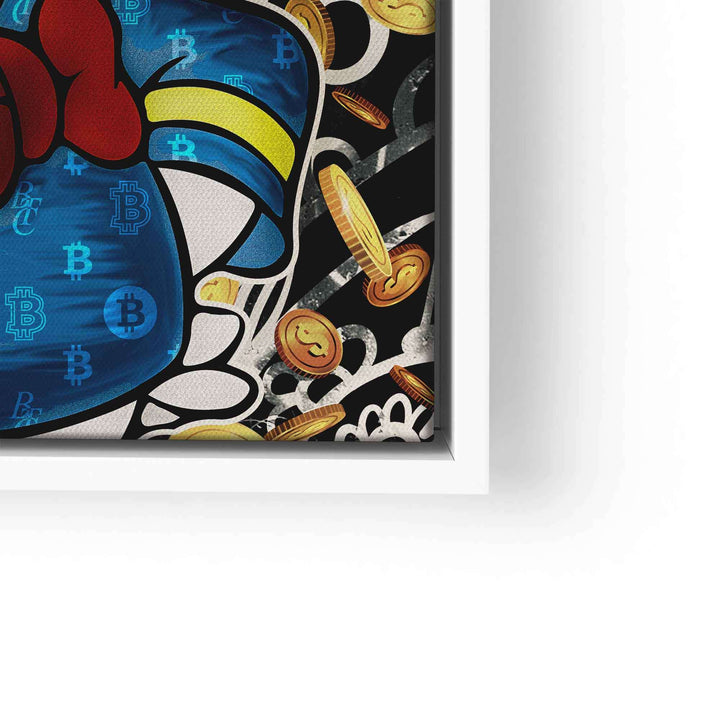 Pop Art Wandbild mit Comic-Ente, blauen Bitcoin-Symbolen und fallenden Münzen auf schwarzem Hintergrund