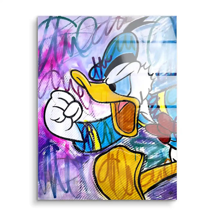 Pop Art Wandbild mit Comic-Ente, bunte Graffiti-Akzente, modernes Acrylglas Kunstwerk