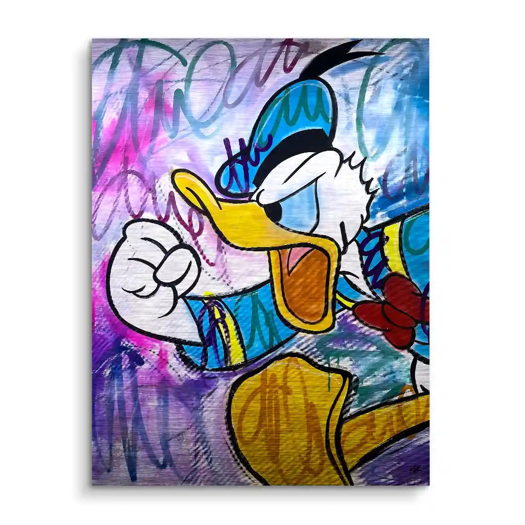 Wandbild mit wütender Comic-Ente im Pop Art Stil vor buntem Graffiti-Hintergrund