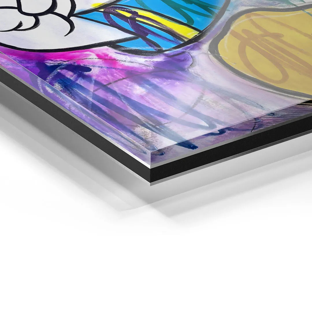 Detailansicht eines bunten Pop Art Wandbilds auf Acrylglas mit lila, gelben und blauen Farben