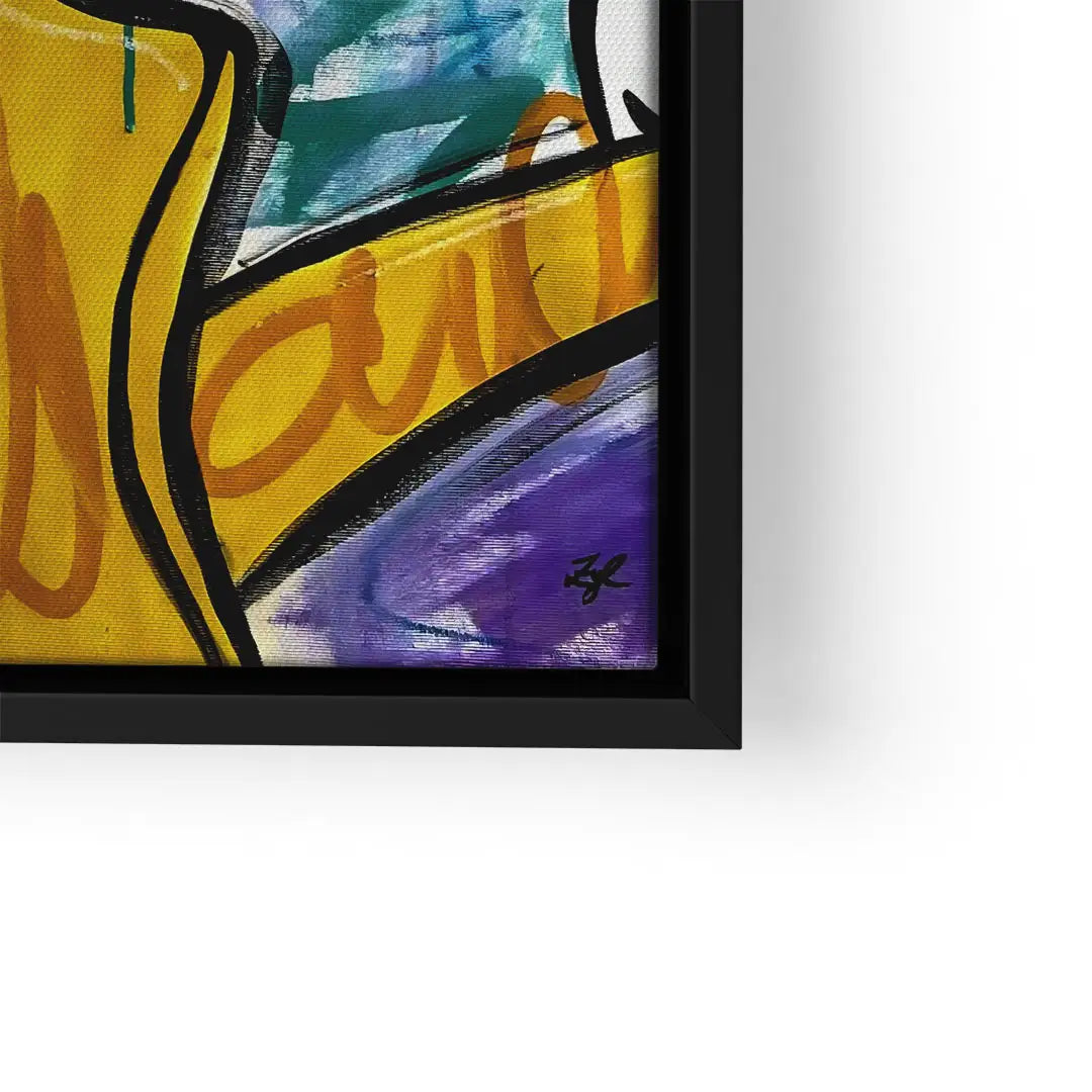 Buntes Pop Art Wandbild mit gelben, violetten und blauen abstrakten Formen im schwarzen Rahmen