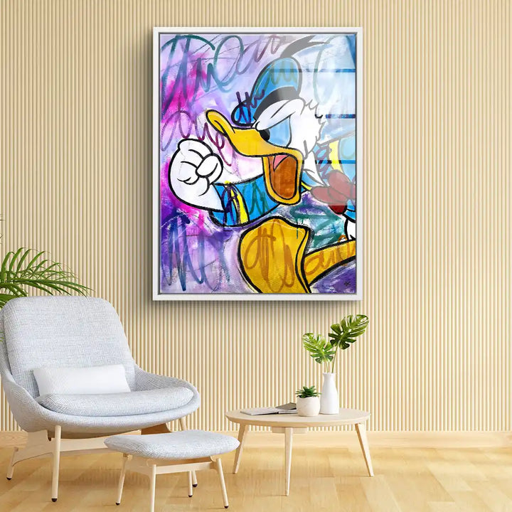 Modernes Wandbild mit comicartigem Motiv von wütender Ente, bunte Graffiti-Optik, Wohnzimmer