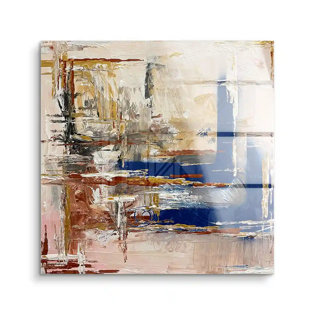 Abstraktes Wandbild auf Acrylglas mit beigen, blauen und braunen Farbakzenten, modern