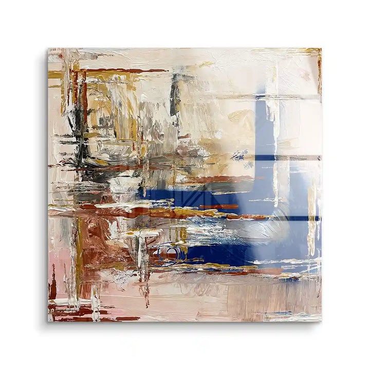 Abstraktes Wandbild auf Acrylglas mit beigen, blauen und braunen Farbakzenten, modern