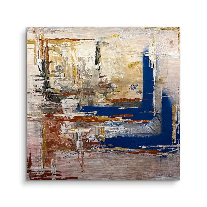 Modernes abstraktes Wandbild mit blauen, beigen und braunen Pinselstrichen auf Leinwand