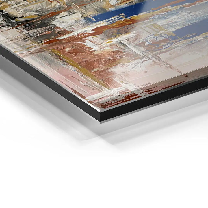 Detailaufnahme eines abstrakten Acryl Wandbildes mit bunten Pinselstrichen auf Acrylglas