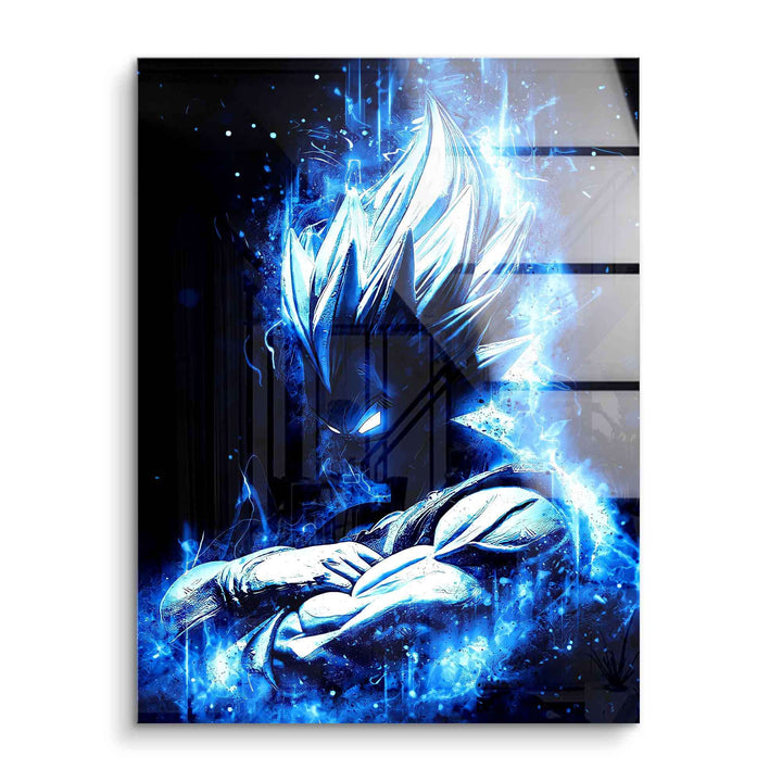 Blaues Acryl Wandbild mit muskulösem Anime-Helden und leuchtender Energieaura