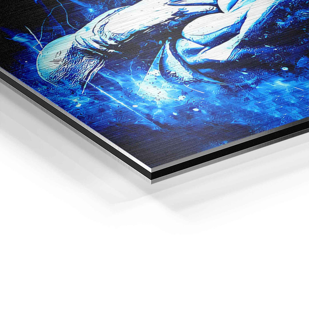 Detailaufnahme eines blauen Dragonball Wandbilds auf Aluminium mit gebürsteter Oberfläche