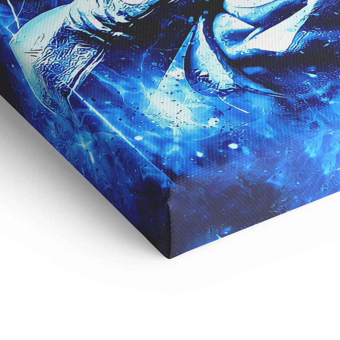 Detailaufnahme eines blauen Dragonball Wandbilds auf Leinwand, Comic Kunst