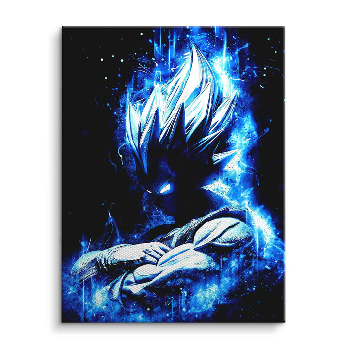Leinwandbild mit stilisiertem Anime-Krieger, blaue Energie, dynamisches Comic-Wandbild