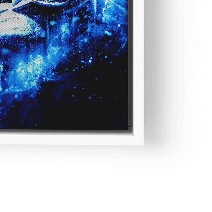 Modernes Wandbild mit blauem abstraktem Comic-Motiv in weißem Rahmen