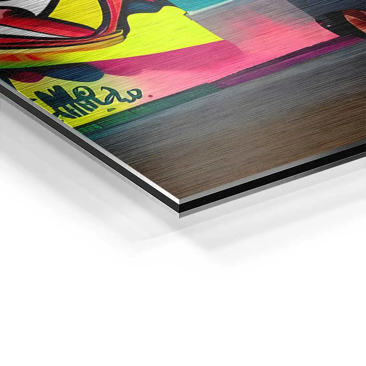 Detailaufnahme Wandbild auf Aluminium mit buntem Bulli-Motiv, gebürstete Oberfläche