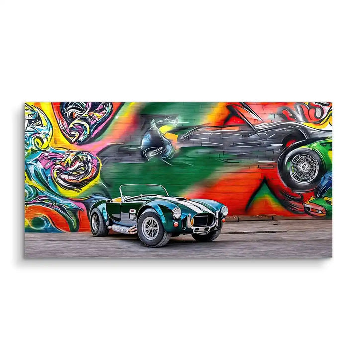 Wandbild mit Retro-Sportwagen vor bunter Graffiti-Kunst, modernes Auto Kunstbild