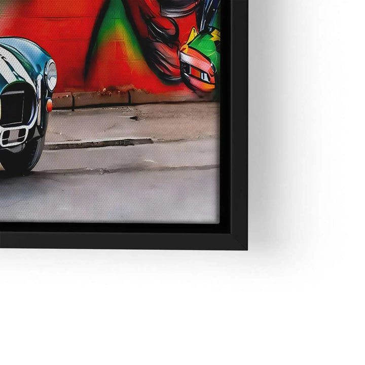 Wandbild mit Oldtimer-Auto und bunter Graffiti-Kunst auf Leinwand im schwarzen Rahmen