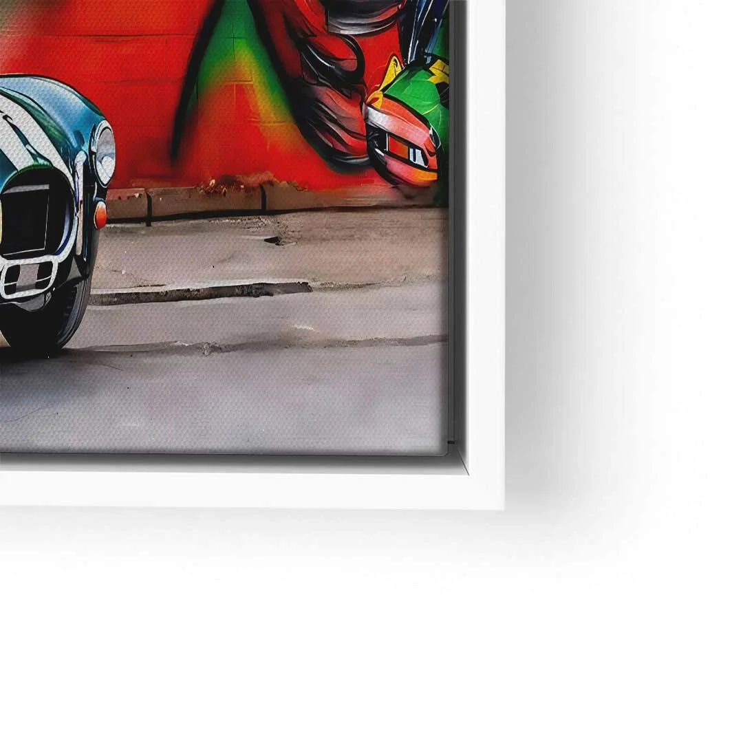 Modernes Wandbild mit buntem Graffiti, klassisches Auto und bunter Hintergrund in Galerie-Rahmen