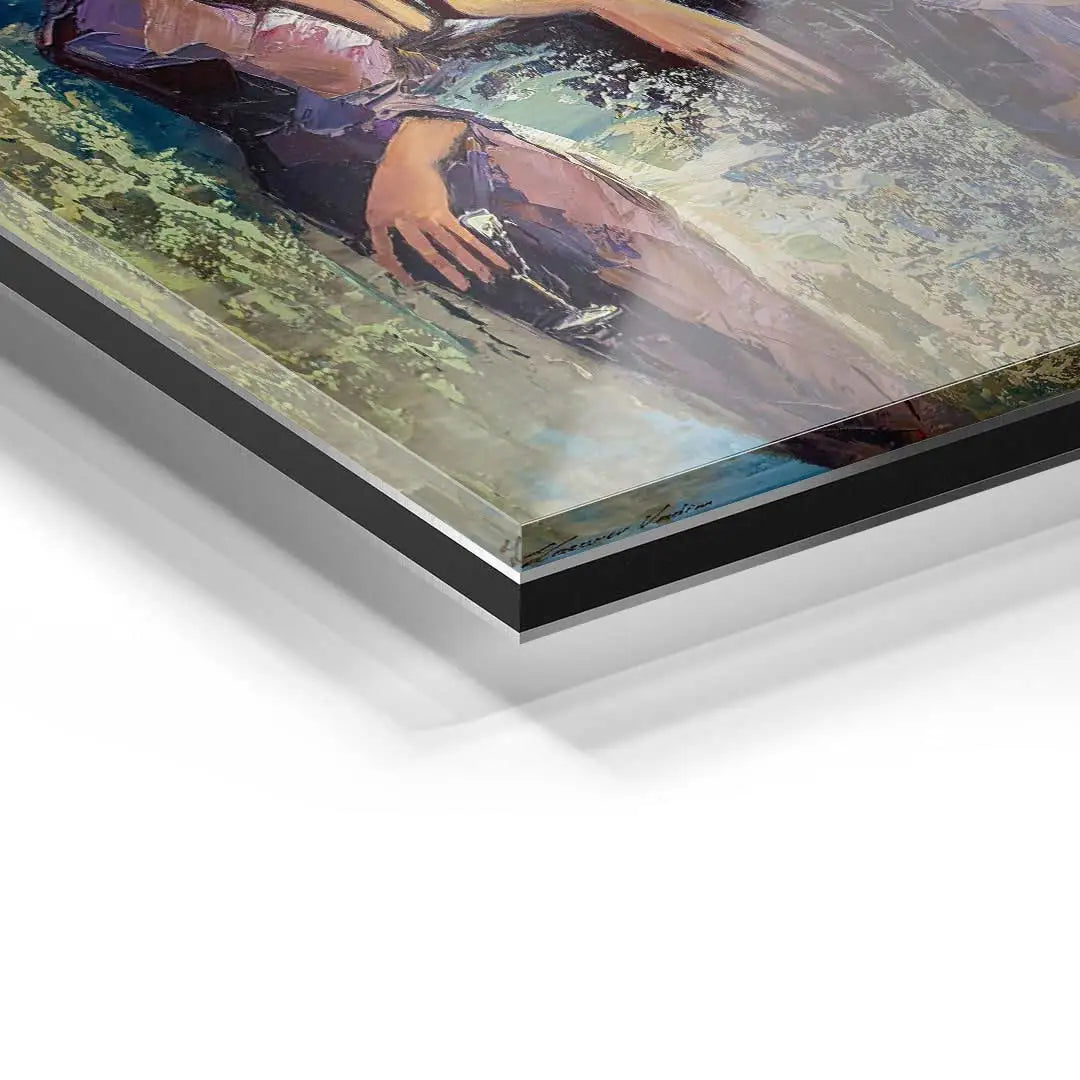 Detailansicht Acrylglas Wandbild mit drei Frauen, moderne Kunst, farbenfroh, hochwertig