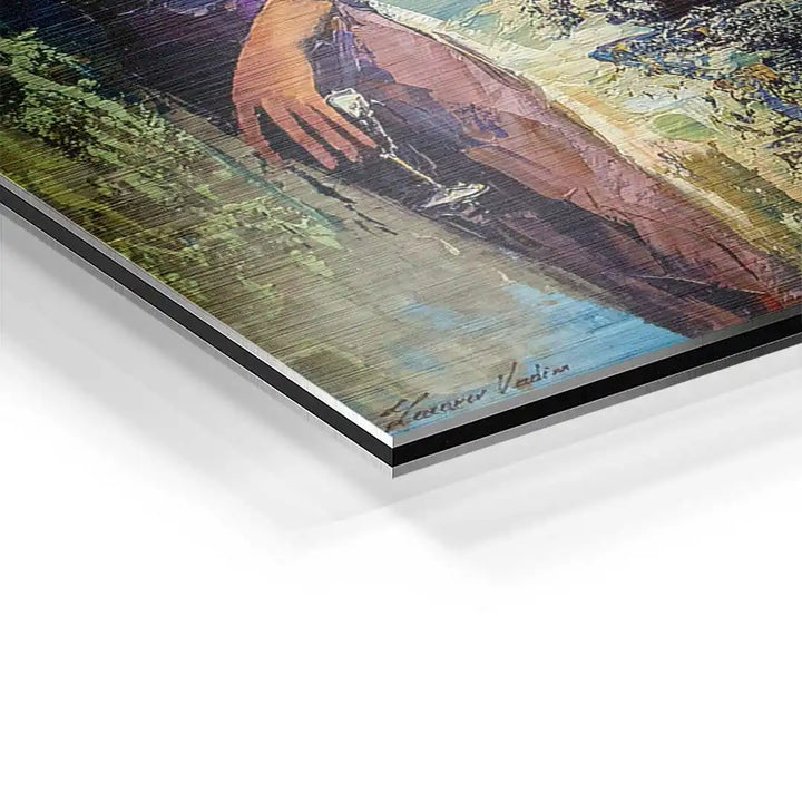 Detailansicht Wandbild in Acrylglasoptik, gemalte Frauenhand mit Sektglas, strukturierte Oberfläche